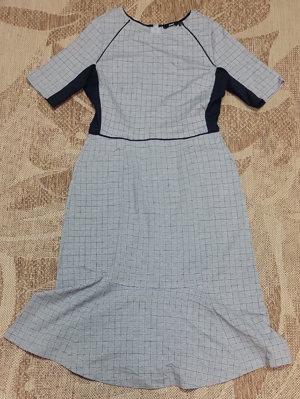 Women's Light Gray Check Midi Dress with Navy Accents